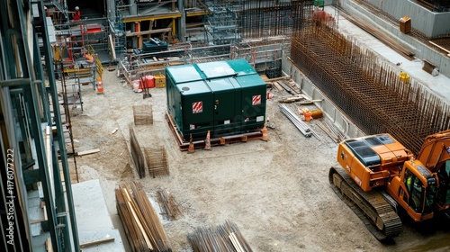A diesel-powered generator positioned on a construction site, surrounded by tools and machinery.
