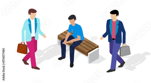 Two businessmen walking and one sitting on bench in isometric view, business people concept