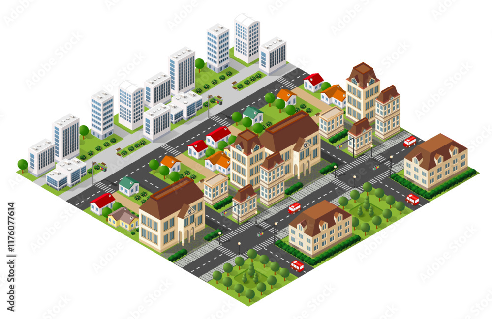 Φωτογραφία Isometric city view featuring skyscrapers, residential houses, roads with cars,