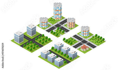 Isometric city tiles representing modern buildings, parks, roads, and other urban elements creating a miniature cityscape