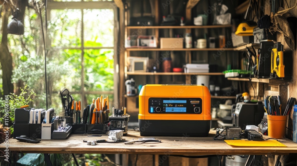A generator charging various devices in a tidy workstation, emphasizing emergency preparedness. A generator charging various devices in a tidy workstation, emphasizing emergency preparedness.