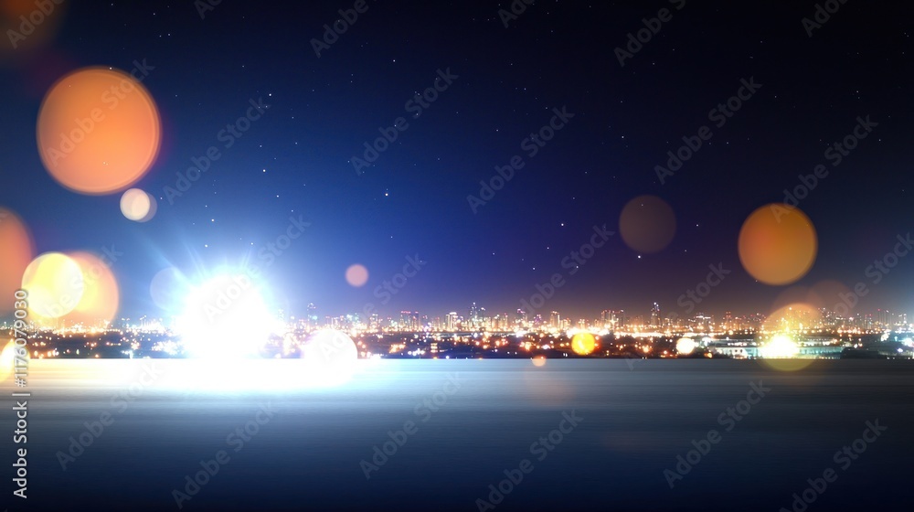 Fototapeta premium Night cityscape with bokeh lights and a glowing horizon.