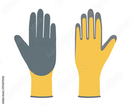 Nitrile Coated Work Gloves yellow grey cartoon hand accessory clothing technical illustration garment. Vector garden front palm back view for Men, women, unisex style flat template on white background