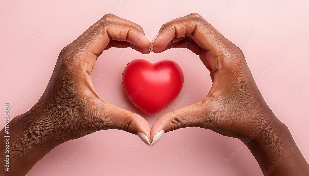 Two hands with dark skin tone form a heart shape around a red heart on a pink background. Two hands with dark skin tone form a heart shape around a red heart on a pink background.