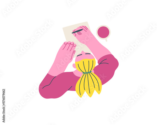 Writing people, modern flat vector concept illustration- sitting woman thoughtfully writing on paper, top view. Metaphor for reflection, insight, contemplation, creative expression