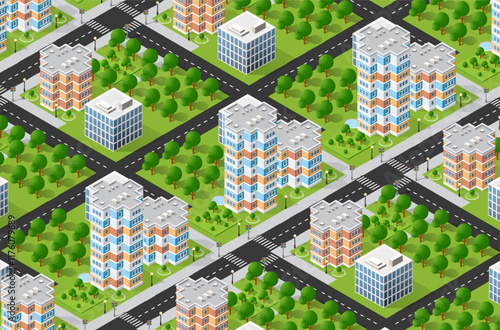 Isometric view of a modern city center with skyscrapers, roads, crosswalks, trees and green areas