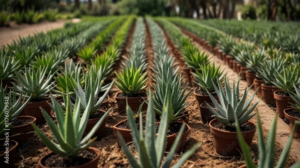 Rows of small agave plants in terracotta pots in a garden. Rows of small agave plants in terracotta pots in a garden.