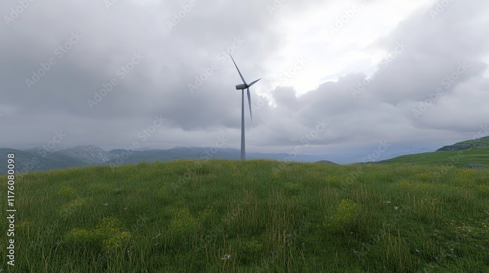 A large wind turbine generator in a grassy field with a cloudy sky backdrop. A large wind turbine generator in a grassy field with a cloudy sky backdrop.