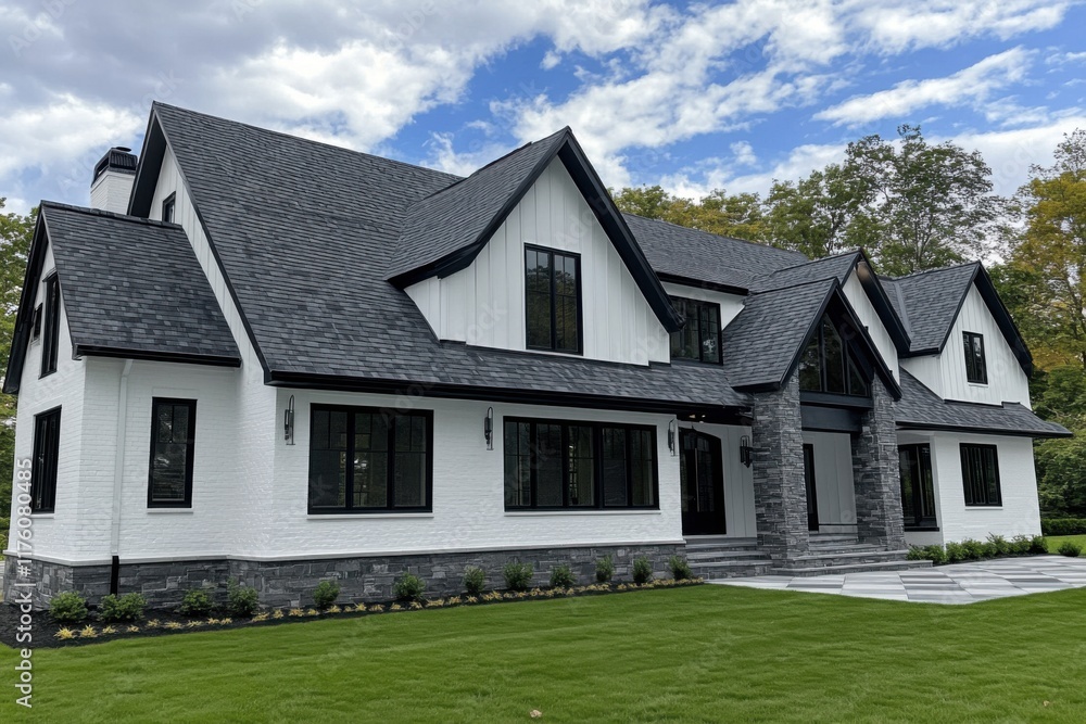 Beautiful modern house with dark accents and lush lawn surrounded by trees under a bright sky in a tranquil neighborhood setting Beautiful modern house with dark accents and lush lawn surrounded by trees under a bright sky in a tranquil neighborhood setting
