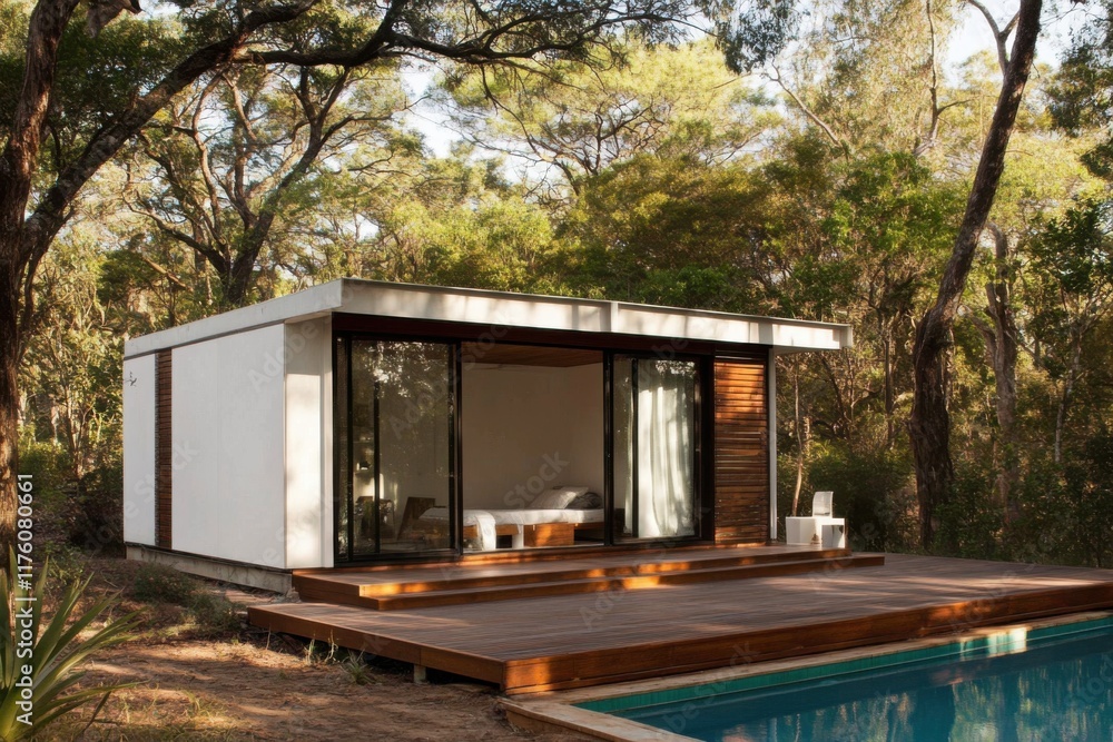 Modern cabin retreat surrounded by nature with a pool and wooden deck offering a serene escape perfect for relaxation and outdoor living Modern cabin retreat surrounded by nature with a pool and wooden deck offering a serene escape perfect for relaxation and outdoor living