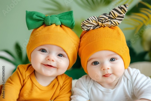 A close-up of twin babies with matching outfits, one smiling and the other curiously looking around photo