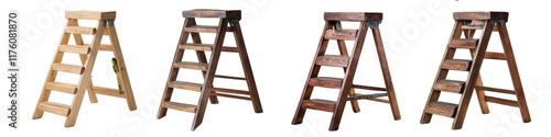 Vintage wooden ladders of various designs isolated on transparent background photo