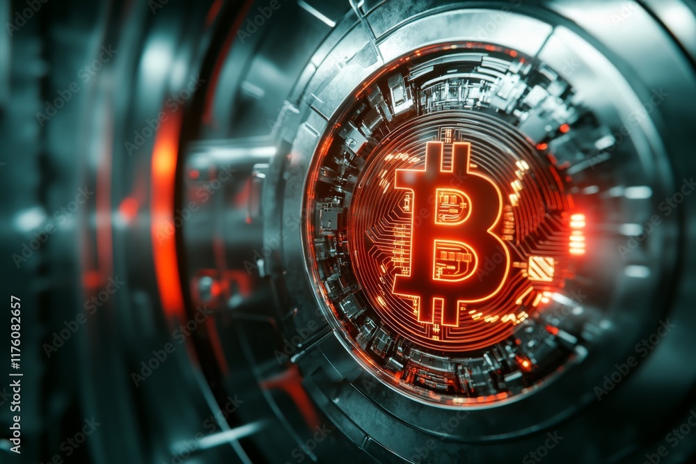 A futuristic krone coin glowing with neon lights, displayed in a high-tech vault with holographic security measures A futuristic krone coin glowing with neon lights, displayed in a high-tech vault with holographic security measures