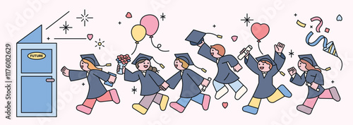 Small and cute graduate characters are running towards the door to congratulate the graduates. Cuttiny character with outline.