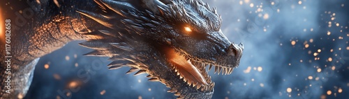 Fierce dragon with glowing eyes amidst sparks and smoke. Epic fantasy creature, majestic and powerful.