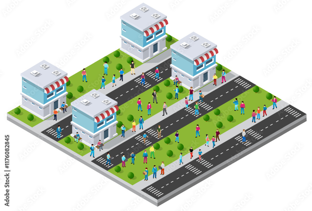 Isometric vector illustration representing people walking and shopping in a small city with stores, roads, crosswalks and green areas Isometric vector illustration representing people walking and shopping in a small city with stores, roads, crosswalks and green areas