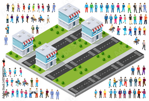 Isometric shops with red and white awnings and people walking along the street, trees and bushes, urban landscape