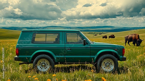 Green SUV in a field with bison