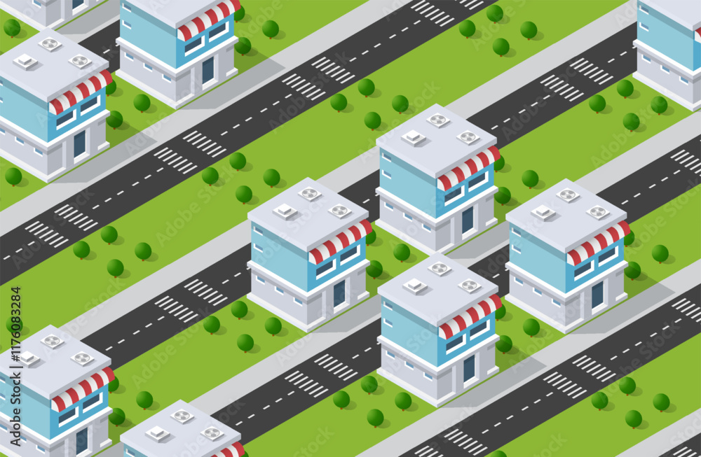 Urban isometric pattern featuring roads and shops, perfect for backgrounds in city planning and architectural design Urban isometric pattern featuring roads and shops, perfect for backgrounds in city planning and architectural design