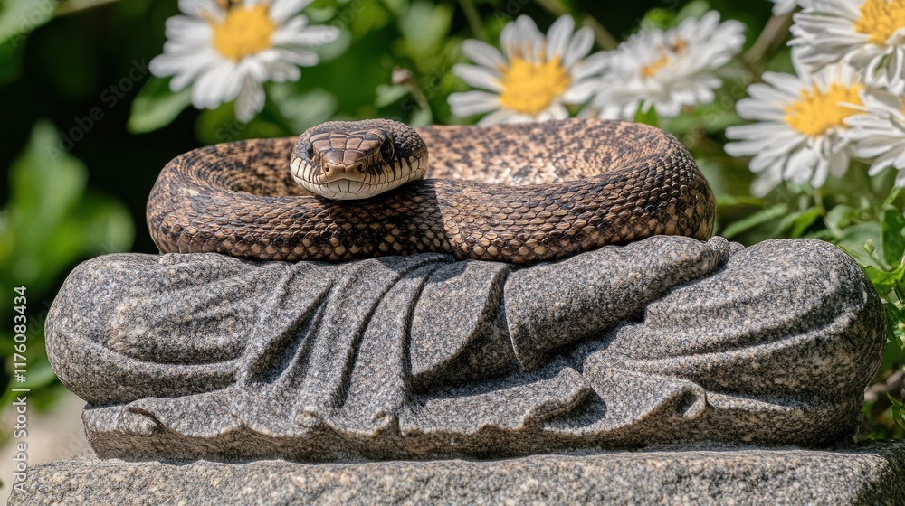 Fototapeta premium A snake resting on a stone Buddha statue in a serene garden, with delicate flowers and trickling water nearby 
