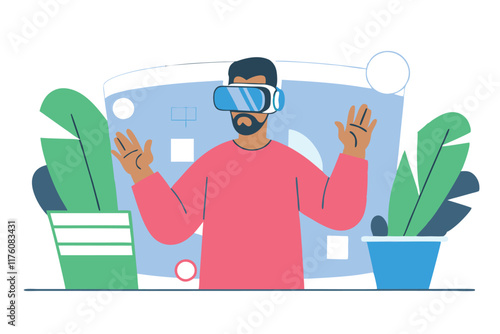 Gamer wearing virtual reality headset enjoying metaverse experience vector flat illustration