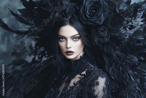 A kurta paired with deep black accessories and styled in a gothic-themed photoshoot, complete with dark roses and shadowy lighting photo