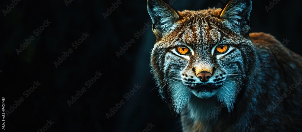 Obraz premium Intense portrait of a lynx with glowing eyes in the dark.