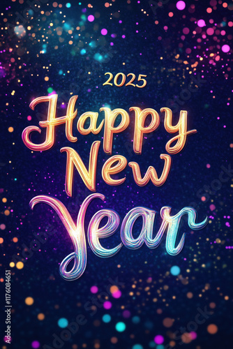 3D '2025' Glowing Text with Colorful Light Effect, Glitter, and Bokeh Effects for New Year Celebration, Happy New Year Concept, Flat Lay Banner in Cartoon Style, 8K Hyperrealistic Illustration
