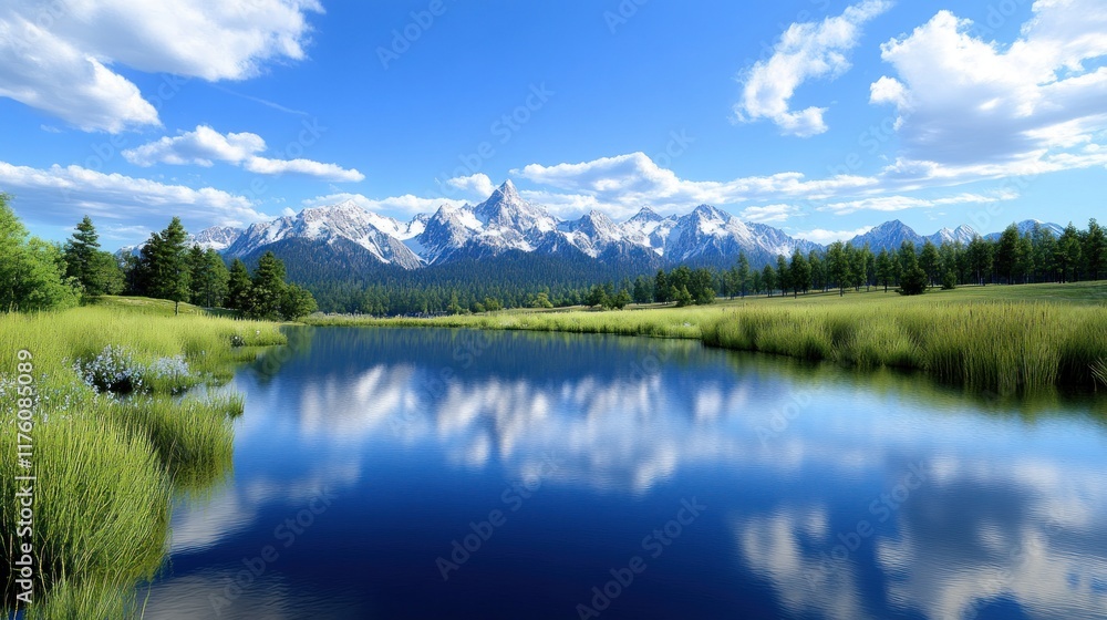 Naklejka premium Scenic mountain landscape with a tranquil river and lush greenery.
