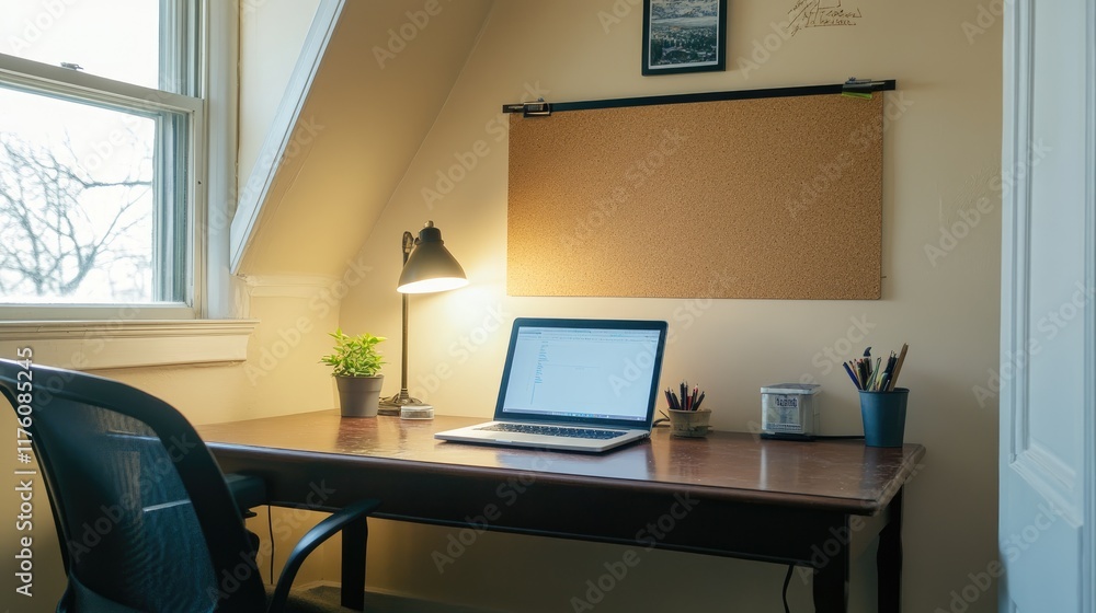 A small office nook featuring a corkboard, a laptop, and a desk lamp. A small office nook featuring a corkboard, a laptop, and a desk lamp.