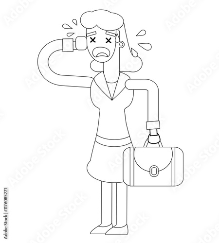 Black and white line vector illustration, business woman character, cute cartoon illustration