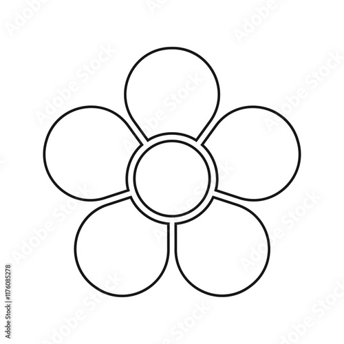 Flower diagram with 5 petals. Floral pie chart divided on five equal sectors in leaf shapes isolated on white background. Template for data presentation. Vector graphic illustration.