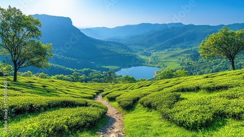 Wallpaper Mural A serene landscape featuring lush greenery, a winding path, and a tranquil lake surrounded by mountains. Torontodigital.ca