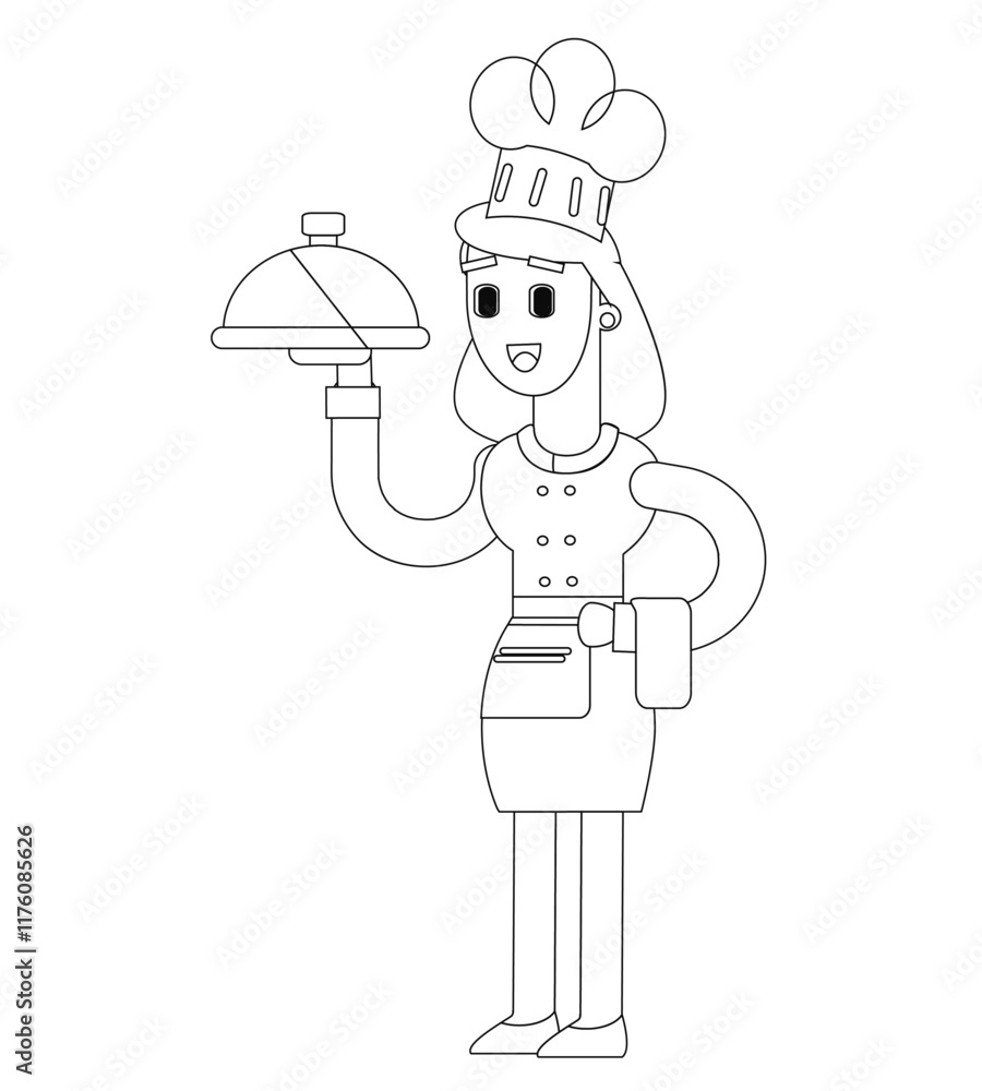 Black and white line vector illustration, female chef character, cute cartoon illustration Black and white line vector illustration, female chef character, cute cartoon illustration