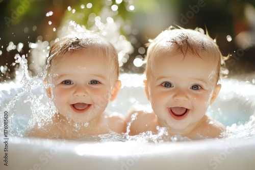 A playful moment of twin babies splashing in a small inflatable pool on a sunny day photo