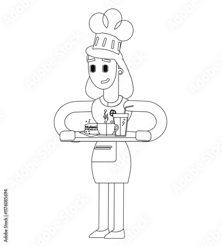 Black and white line vector illustration, female chef character, cute cartoon illustration