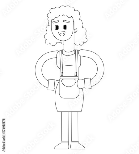 Black and white line vector illustration, female cleaning lady character, cute cartoon illustration