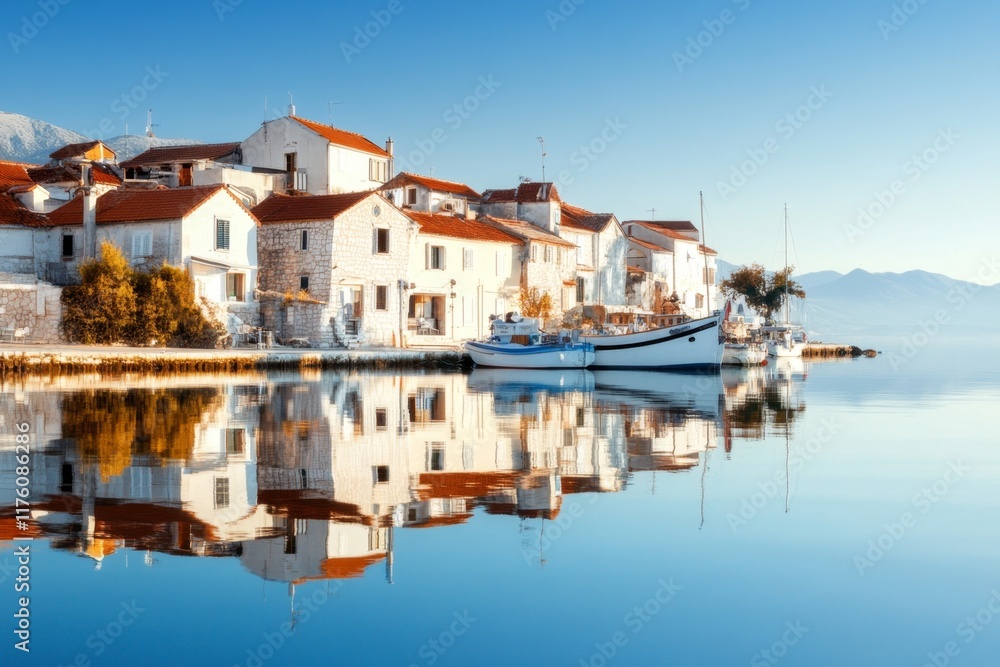 A serene island village in Kvarner, with stone houses clustered around a small harbor under a clear blue sky A serene island village in Kvarner, with stone houses clustered around a small harbor under a clear blue sky