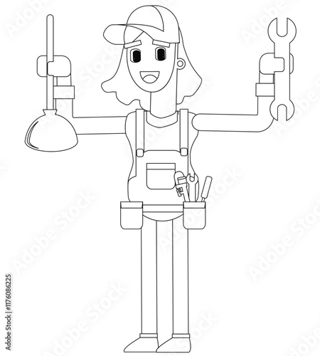 Black and white line vector illustration, female plumber character, cute cartoon illustration