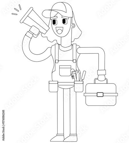 Black and white line vector illustration, female plumber character, cute cartoon illustration