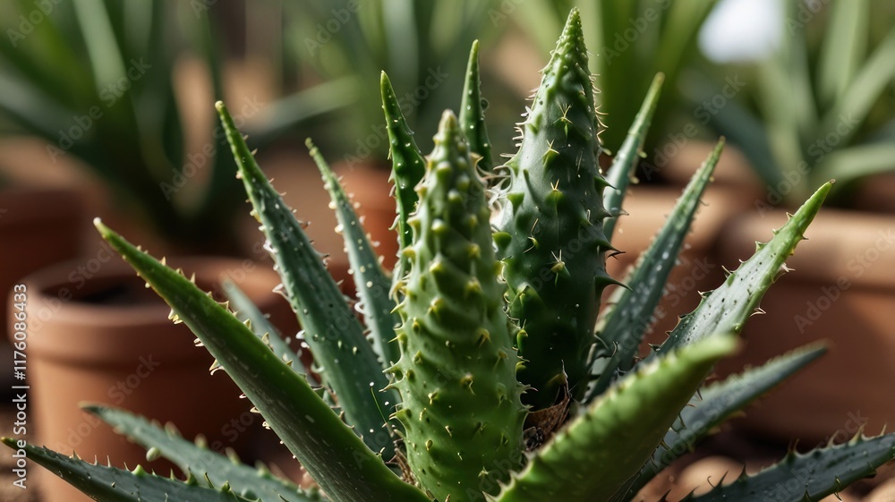 Close-up of a vibrant aloe vera plant in a terracotta pot, showcasing its spiky leaves and succulent texture. Close-up of a vibrant aloe vera plant in a terracotta pot, showcasing its spiky leaves and succulent texture.
