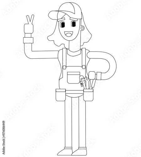 Black and white line vector illustration, female plumber character, cute cartoon illustration