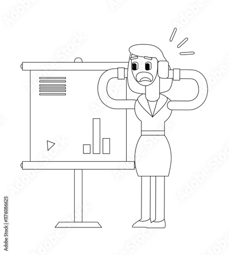 Black and white line vector illustration, business woman character doing presentation, cute cartoon illustration