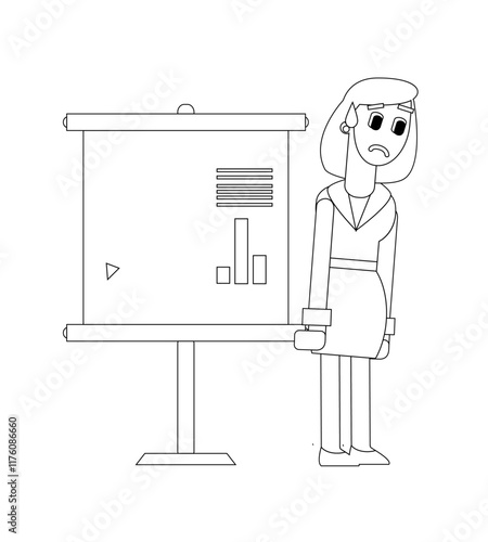 Black and white line vector illustration, business woman character doing presentation, cute cartoon illustration