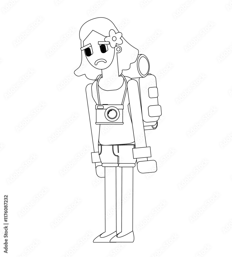 Black and white line vector illustration, traveler woman character, cute cartoon illustration Black and white line vector illustration, traveler woman character, cute cartoon illustration