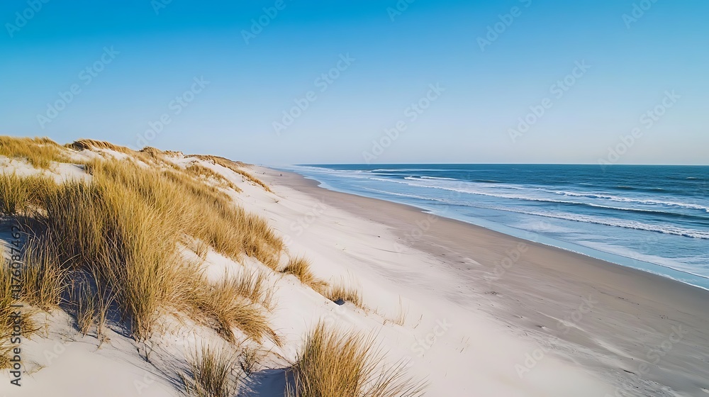 Serene Coastal Dunescape: A Breathtaking View of Sandy Beach and Rolling Dunes Under a Clear Blue Sky Serene Coastal Dunescape: A Breathtaking View of Sandy Beach and Rolling Dunes Under a Clear Blue Sky