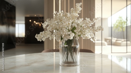 A table in a modern dining room with fresh flowers in a vase, surrounded by simple yet elegant decor.