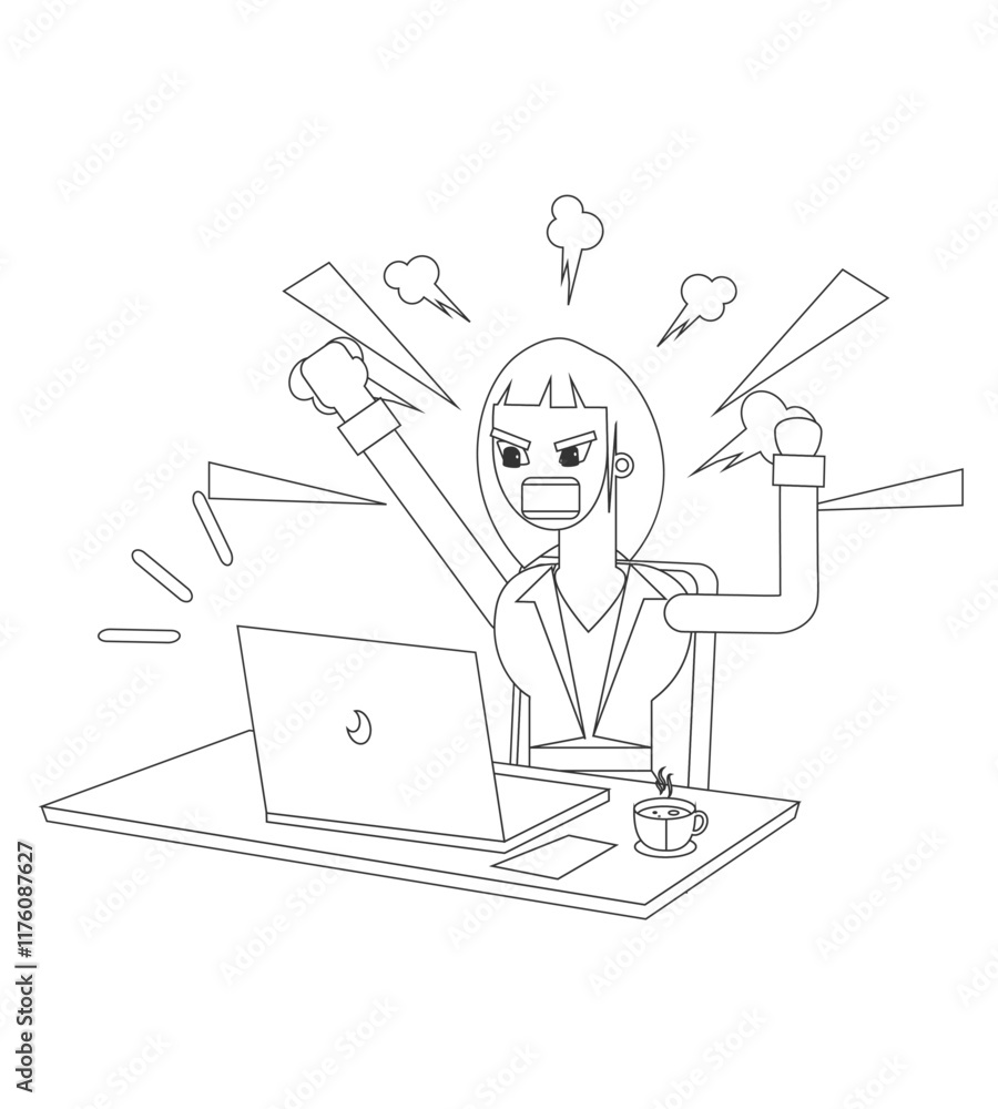 Black and white line vector illustration, female character sitting in front of laptop, cute cartoon illustration Black and white line vector illustration, female character sitting in front of laptop, cute cartoon illustration