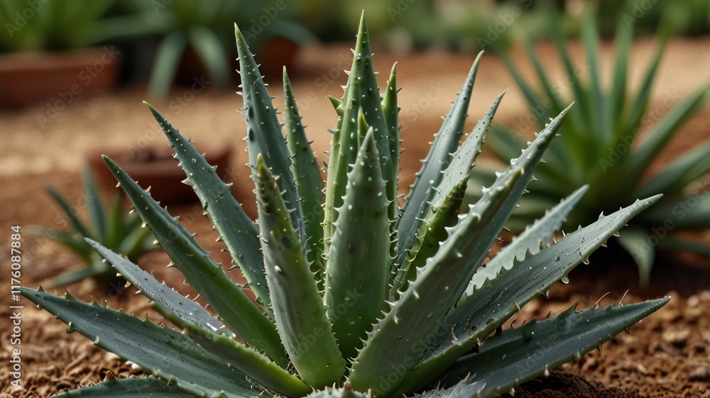 Close-up of a succulent aloe vera plant with sharp leaves in a desert garden. Close-up of a succulent aloe vera plant with sharp leaves in a desert garden.
