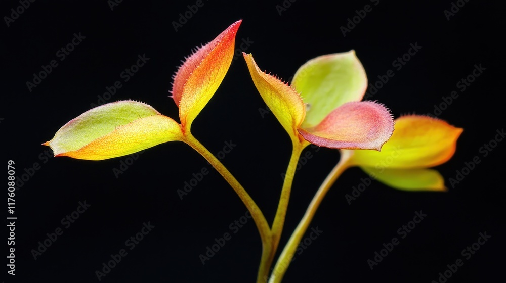A close-up of vibrant, multicolored plant leaves against a dark background. A close-up of vibrant, multicolored plant leaves against a dark background.